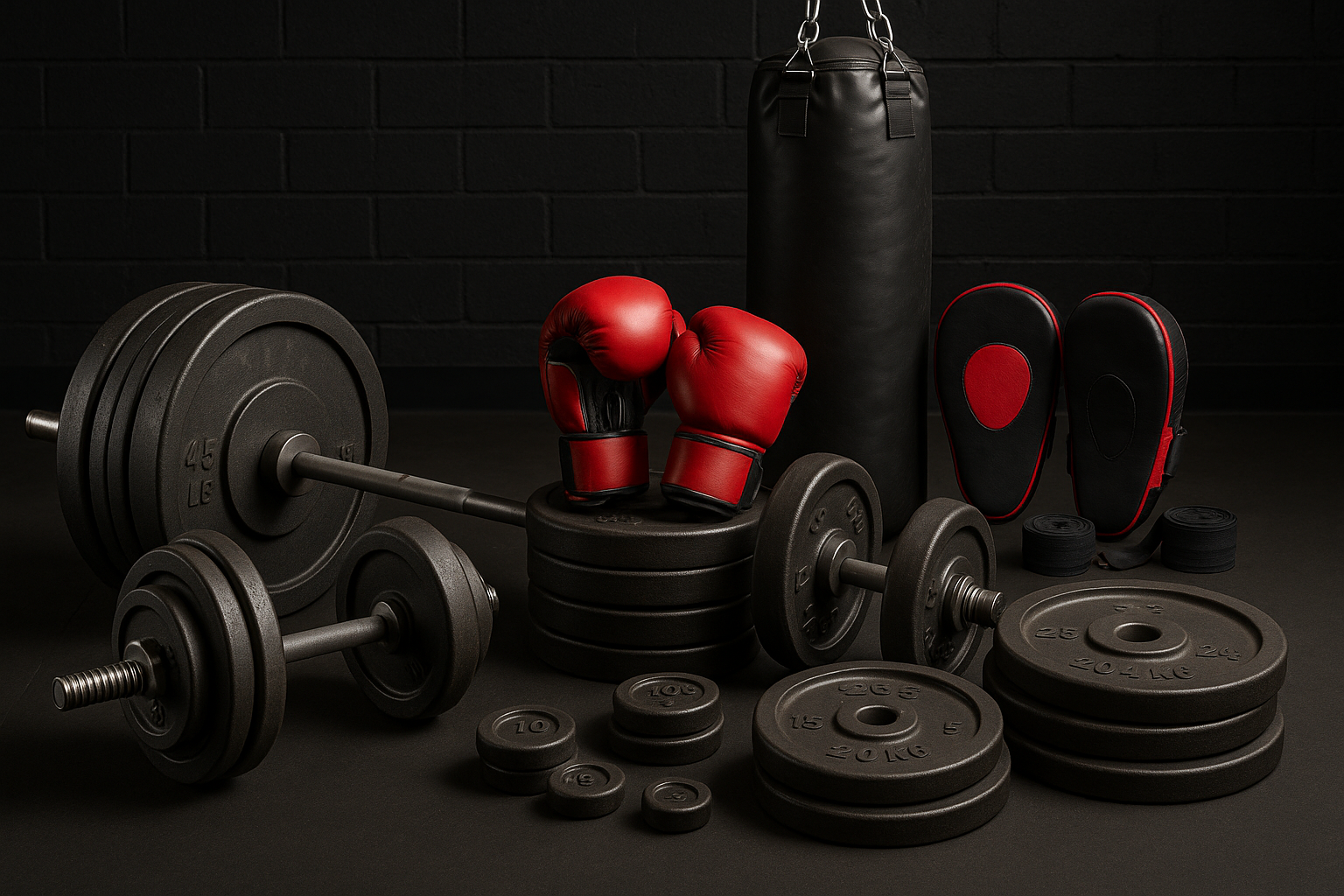 image of a set of big weights and boxing gear